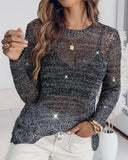 Round Neck Long Sleeve Glitter Crochet Casual Sequin Hollow out Cowl Top