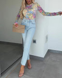 Floral Print Round Neck Long Sleeve T Shirt Casual Slim Fit Top