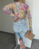 Floral Print Round Neck Long Sleeve T Shirt Casual Slim Fit Top