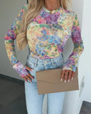 Floral Print Round Neck Long Sleeve T Shirt Casual Slim Fit Top