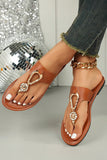 Thai Curry Rhinestone Decor Clip Toe Faux Leather Flat Slippers