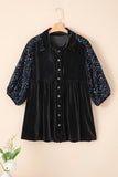 Black Sequin Puff Sleeve Buttoned Velvet Peplum Shirt