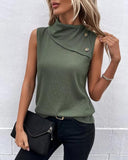 Asymmetrical Neck Sleeveless Waffle Tank Casual Button Decor Slim Fit Top