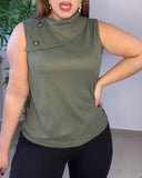 Asymmetrical Neck Sleeveless Waffle Tank Casual Button Decor Slim Fit Top