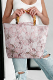 Light Pink Flower Canvas Tote Bag with Bamboo Handle