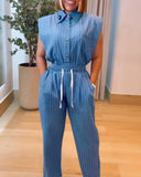 2 Pieces Outfit Striped Pocket Decor Turn down Collar Cap Sleeve Button Front Pleated Back Top and Casual Drawstring Elastic Waist Wide Leg Pants Set