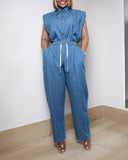 2 Pieces Outfit Striped Pocket Decor Turn down Collar Cap Sleeve Button Front Pleated Back Top and Casual Drawstring Elastic Waist Wide Leg Pants Set