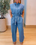 2 Pieces Outfit Striped Pocket Decor Turn down Collar Cap Sleeve Button Front Pleated Back Top and Casual Drawstring Elastic Waist Wide Leg Pants Set