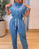 2 Pieces Outfit Striped Pocket Decor Turn down Collar Cap Sleeve Button Front Pleated Back Top and Casual Drawstring Elastic Waist Wide Leg Pants Set