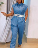 2 Pieces Outfit Striped Pocket Decor Turn down Collar Cap Sleeve Button Front Pleated Back Top and Casual Drawstring Elastic Waist Wide Leg Pants Set