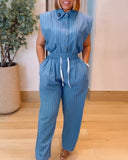2 Pieces Outfit Striped Pocket Decor Turn down Collar Cap Sleeve Button Front Pleated Back Top and Casual Drawstring Elastic Waist Wide Leg Pants Set