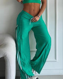 Striped Side Zipper Design Drawstring Wide Leg Casual Pants