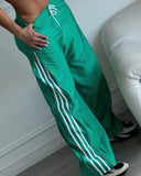 Striped Side Zipper Design Drawstring Wide Leg Casual Pants
