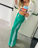 Striped Side Zipper Design Drawstring Wide Leg Casual Pants