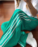 Striped Side Zipper Design Drawstring Wide Leg Casual Pants