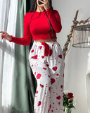 2 Pieces Outfit Frill Hem Long Sleeve Crop Top and Heart Pattern Drawstring Pants Pajamas Set