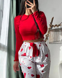 2 Pieces Outfit Frill Hem Long Sleeve Crop Top and Heart Pattern Drawstring Pants Pajamas Set