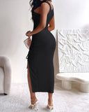 Ribbed Sleeveless Drawstring Ruched High Slit Dress