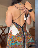 Paisley Print Halter Criss cross Backless Casual Vocation Dress