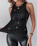 Allover Sequin O neck Sleeveless Tank Tops Slim Fitted Shirt