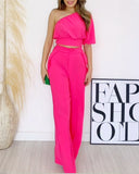 One Shoulder Half Sleeve Top and High Waist Button Ruched Wide Leg Pants Set