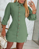 Side Drawstring Buttoned Roll Up Sleeve Shirt Dress