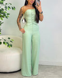 2 Pieces Outfit Bandeau Button Decor Vest Top and Casual Wide Leg Pants Set