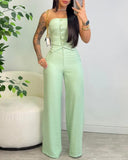 2 Pieces Outfit Bandeau Button Decor Vest Top and Casual Wide Leg Pants Set