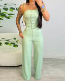 2 Pieces Outfit Bandeau Button Decor Vest Top and Casual Wide Leg Pants Set