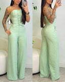 2 Pieces Outfit Bandeau Button Decor Vest Top and Casual Wide Leg Pants Set