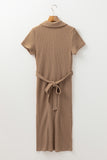 Buckskin Short Sleeve Textured Button Up Tie Waist Long Dress