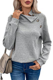 Gray Asymmetric Buttons Detail High Neck Textured Sweatshirt