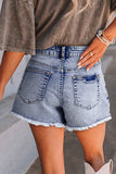 Beau Blue Pearl Studded Pockets Raw Hem Denim Shorts