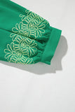 Green Contrast Floral Embroidered 3/4 Sleeve Notched V Neck Elegant Blouse