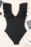 Black Ruffled Sleeve Lace-up V Neck Plus Size One Piece Swimsuit