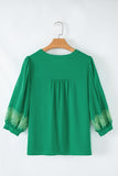 Green Contrast Floral Embroidered 3/4 Sleeve Notched V Neck Elegant Blouse