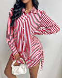 Striped Side Drawstring Buttoned Shirt Dress