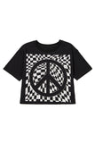 Black Checkerboard Peace Sign Printed Round Neck T Shirt