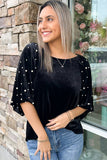 Black Pearl Beaded Half Sleeve Velvet Top