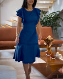 Butterfly Sleeve Hollow out Back Shirred Work Dress Casual Cinched Waist Lace Trim Ruffle Hem Dress