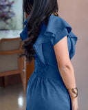 Butterfly Sleeve Hollow out Back Shirred Work Dress Casual Cinched Waist Lace Trim Ruffle Hem Dress