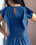 Butterfly Sleeve Hollow out Back Shirred Work Dress Casual Cinched Waist Lace Trim Ruffle Hem Dress