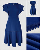 Butterfly Sleeve Hollow out Back Shirred Work Dress Casual Cinched Waist Lace Trim Ruffle Hem Dress