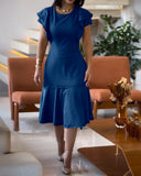 Butterfly Sleeve Hollow out Back Shirred Work Dress Casual Cinched Waist Lace Trim Ruffle Hem Dress