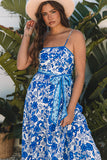 Blue Floral Printed Spaghetti Strap Maxi Dress with Waist Tie