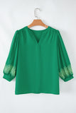 Green Contrast Floral Embroidered 3/4 Sleeve Notched V Neck Elegant Blouse