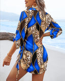 Leopard Colorblock V Neck Roll Up Sleeve Hollow out Drawstring Mini Dress Cover ups