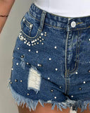 Pearls Studded Ripped Raw Hem Denim Shorts