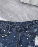 Pearls Studded Ripped Raw Hem Denim Shorts