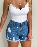 Pearls Studded Ripped Raw Hem Denim Shorts